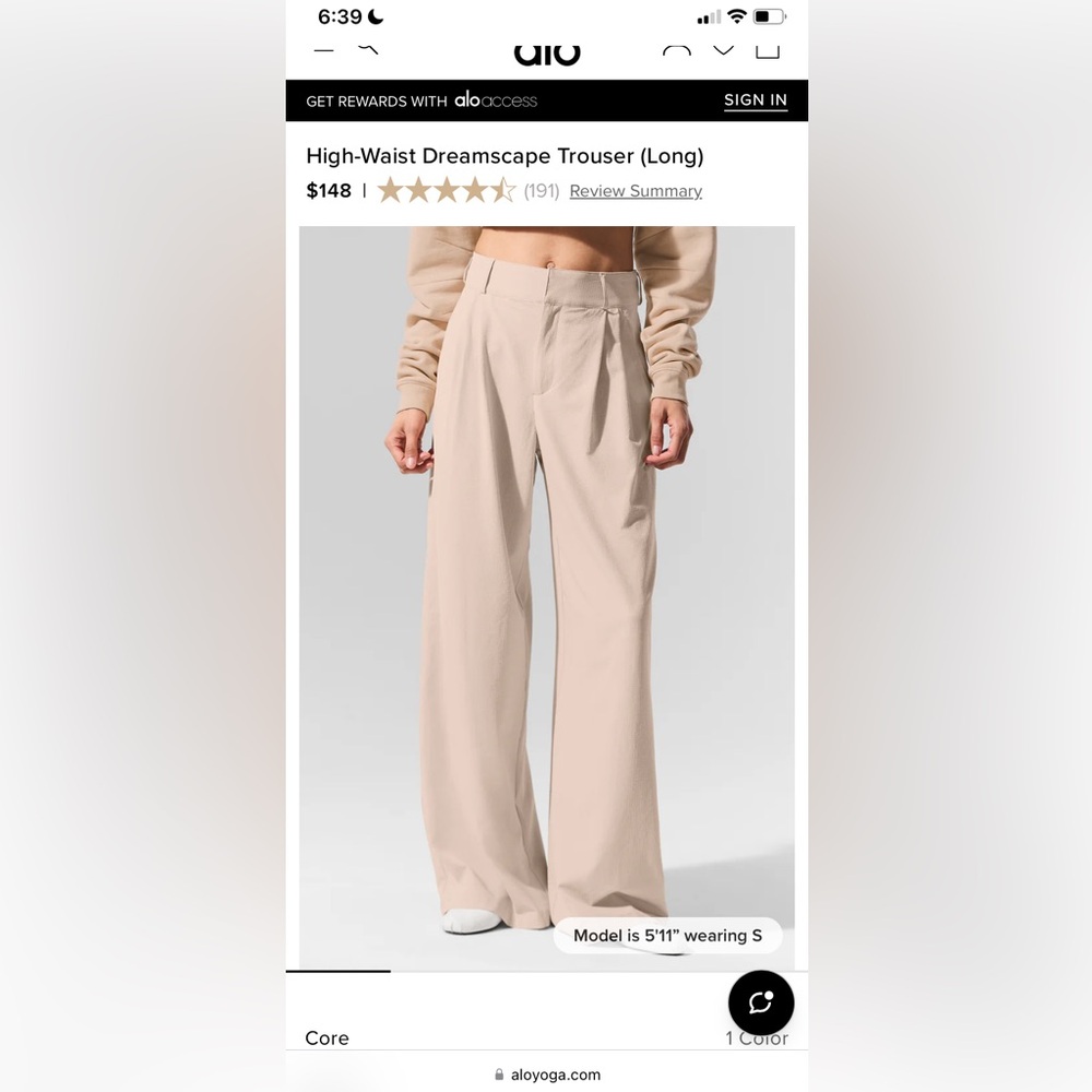 Alo Yoga High-Waist Dreamscape Trouser Small (Long) Length 33" Inseam